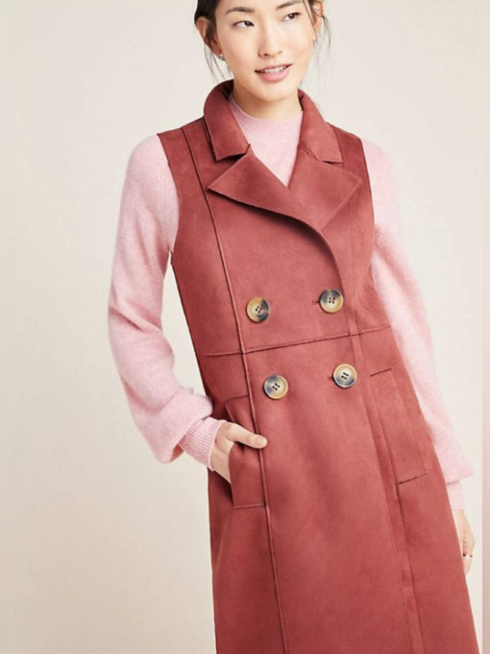 Anthropologie Tandy Faux Suede Longline Vest Terracotta Duster XS
